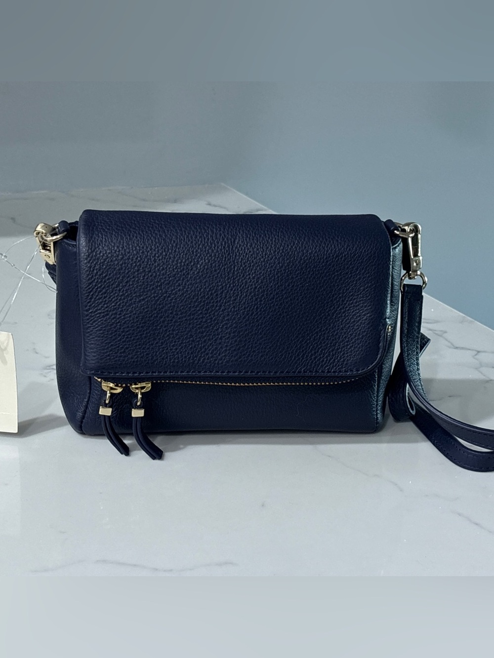 Talbots Pebbled Leather Foldover Crossbody Bag Navy Blue Zip Flap Clutch NWT
